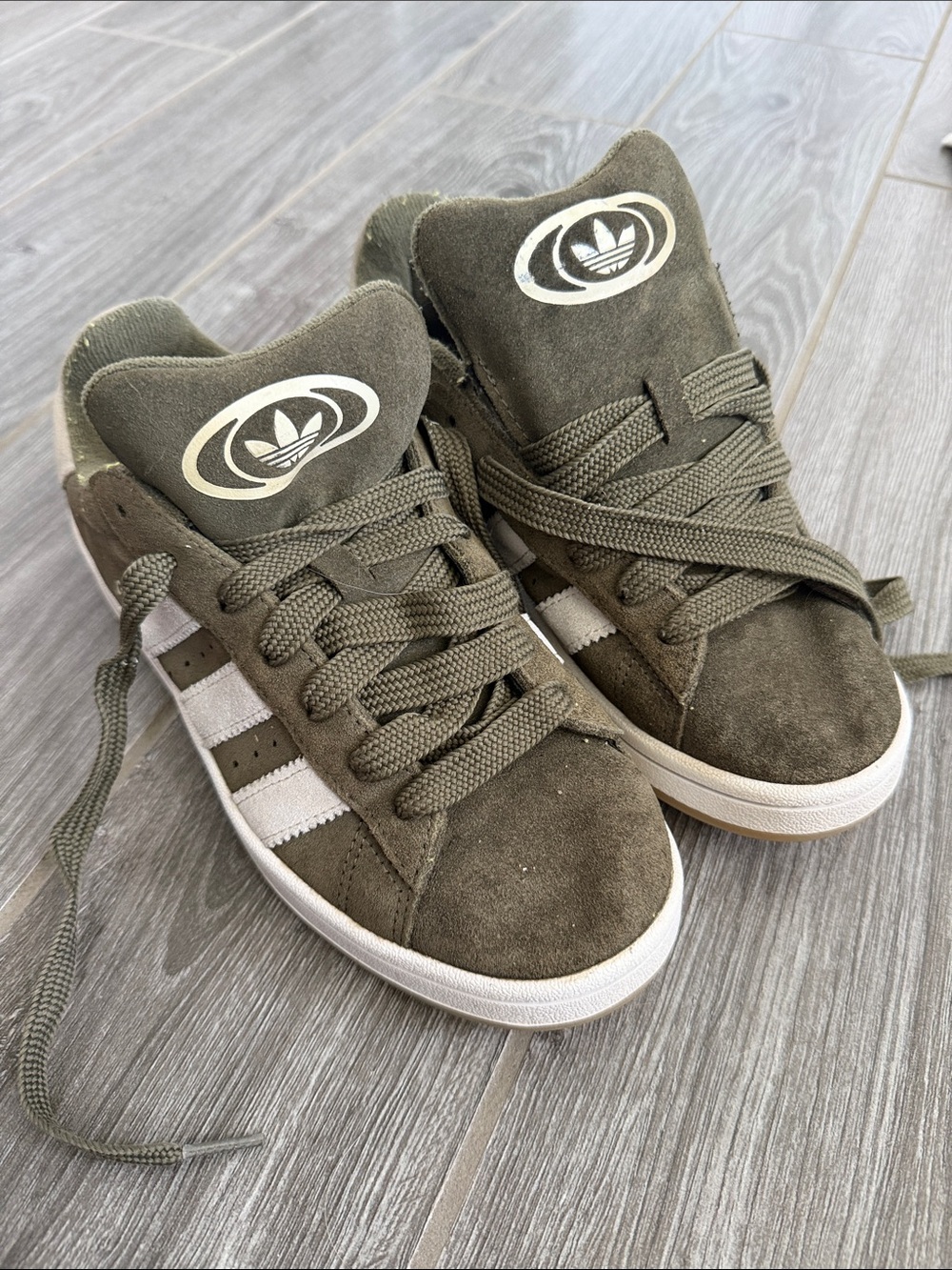adidas Campus Youth size 7 Olive Suede Sneakers with White Stripes